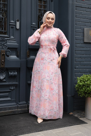 Çiçek Desenli Pudra Tesettür Elbise 279904PD - NEVA STYLE