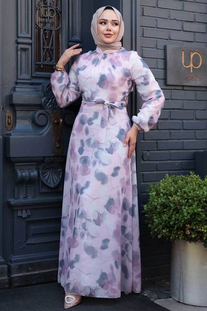 Çiçek Desenli Pudra Tesettür Elbise 279916PD - 2