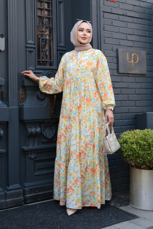 Çiçek Desenli Sarı Tesettür Elbise 19034SR - 3