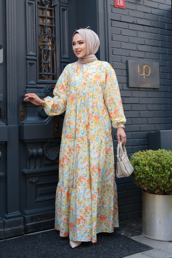 Çiçek Desenli Sarı Tesettür Elbise 19034SR - 4