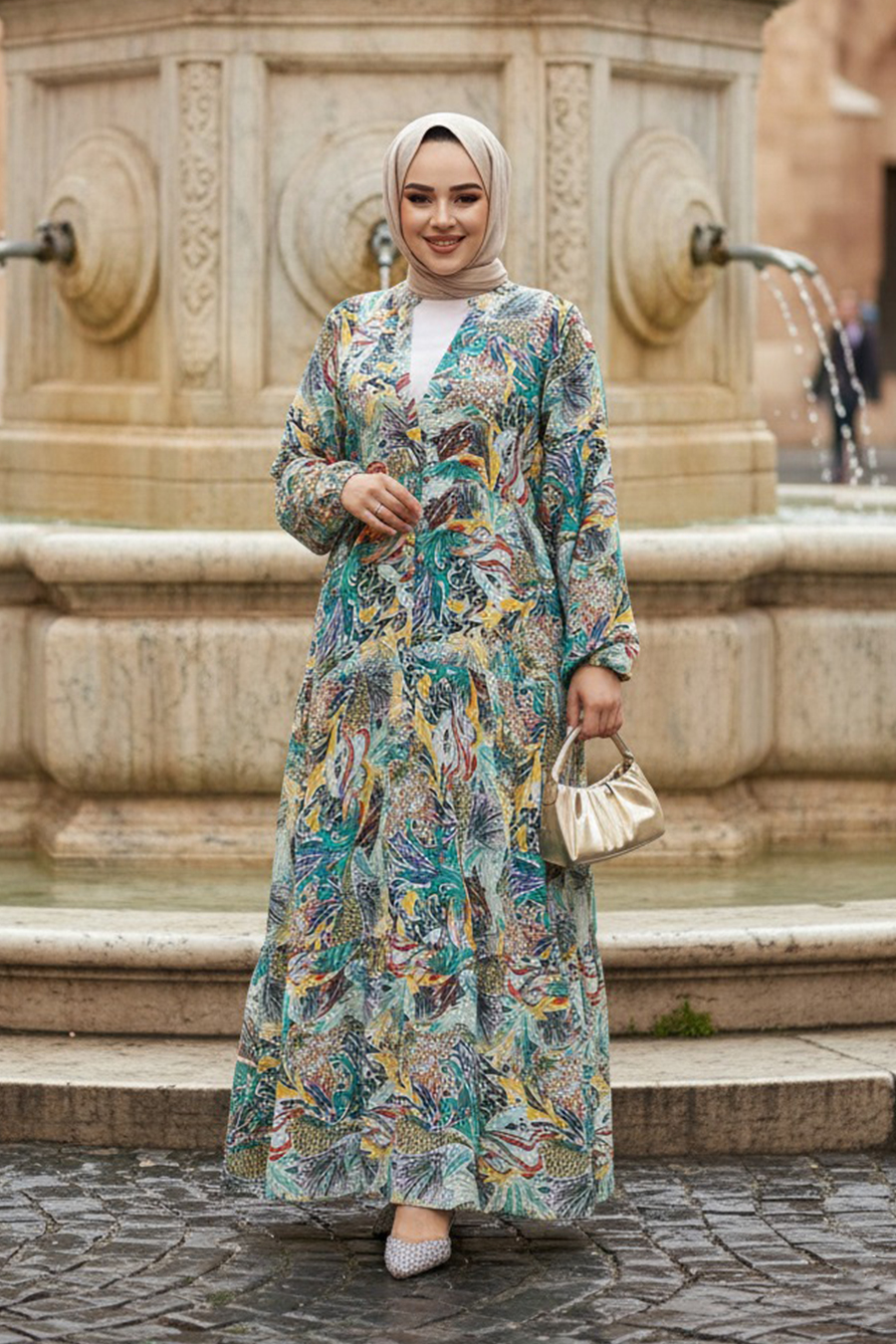 Çiçek Desenli Sarı Tesettür Elbise 235805SR