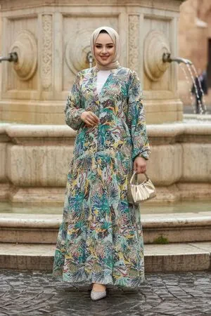 Çiçek Desenli Sarı Tesettür Elbise 235805SR - 1