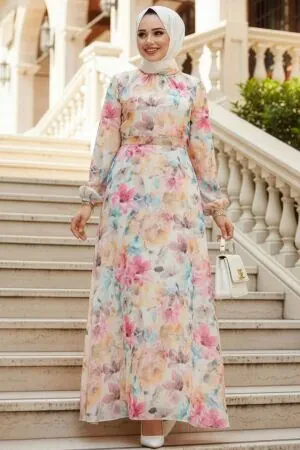 Çiçek Desenli Sarı Tesettür Elbise 27984SR - 1