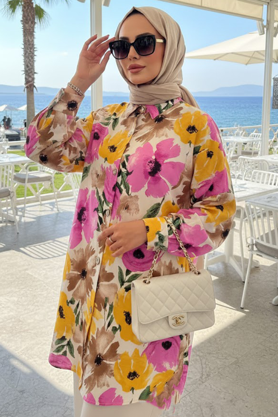 Çiçek Desenli Sarı Tesettür Tunik 20425SR