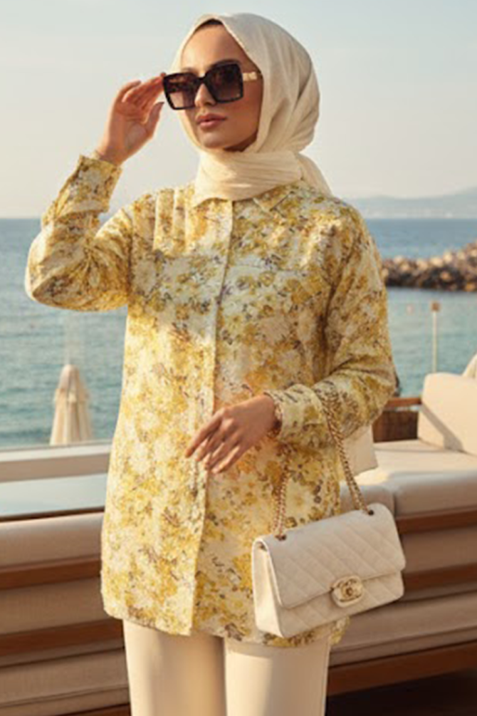 Çiçek Desenli Sarı Tesettür Tunik 26611SR - 1