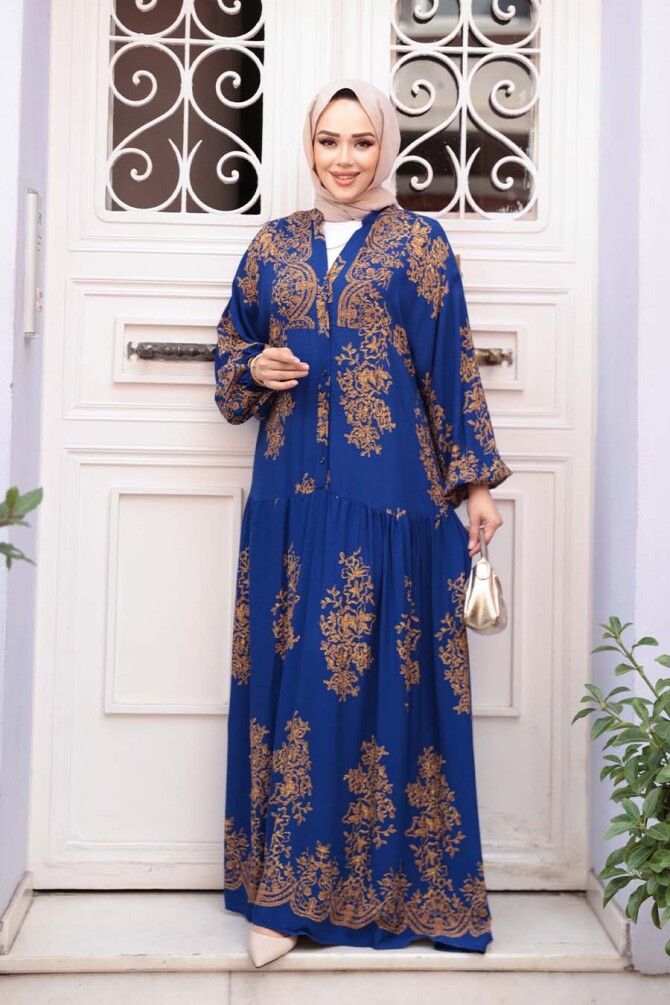 Çiçek Desenli Sax Mavisi Tesettür Elbise 18241SX - 2