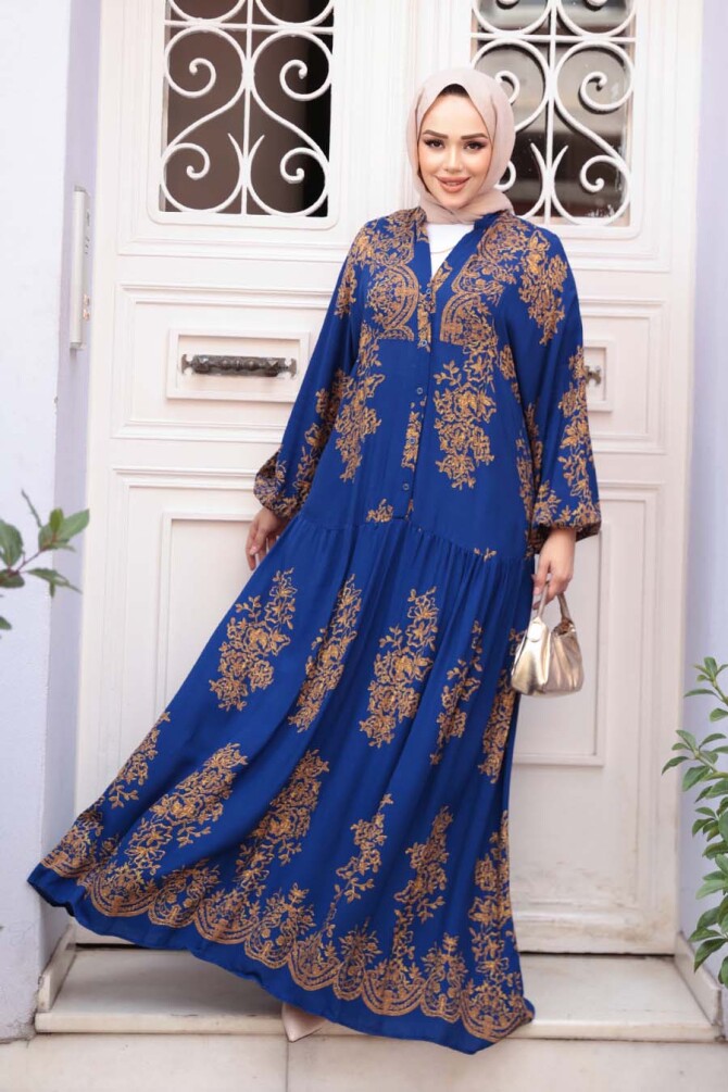 Çiçek Desenli Sax Mavisi Tesettür Elbise 18241SX - 3