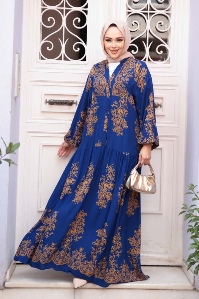Çiçek Desenli Sax Mavisi Tesettür Elbise 18241SX - NEVA STYLE