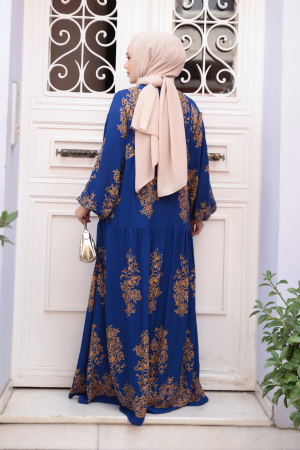 Çiçek Desenli Sax Mavisi Tesettür Elbise 18241SX - 4