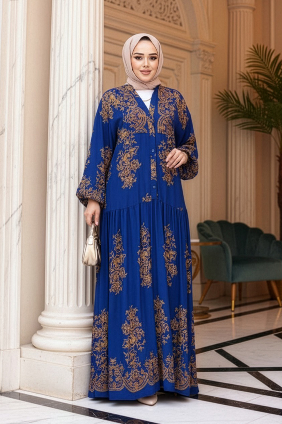 Çiçek Desenli Sax Mavisi Tesettür Elbise 18241SX