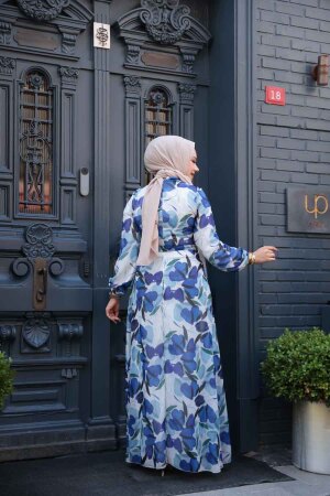 Çiçek Desenli Sax Mavisi Tesettür Elbise 279901SX - 3