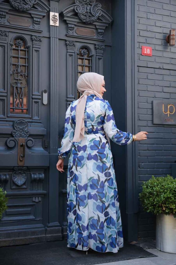 Çiçek Desenli Sax Mavisi Tesettür Elbise 279901SX - 3
