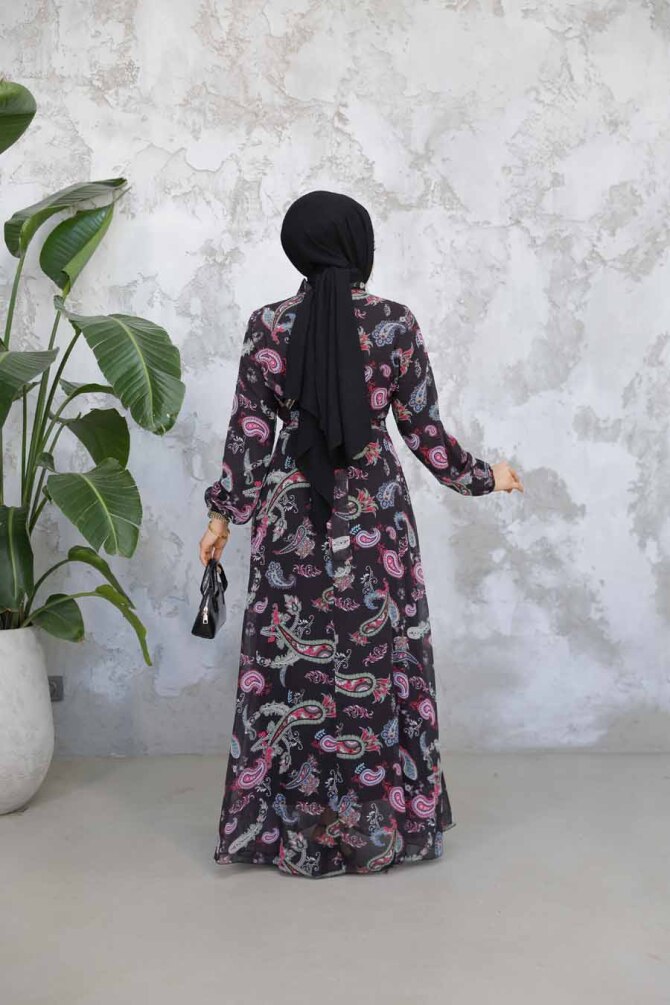 Çiçek Desenli Siyah Fuşya Tesettür Elbise 52681SF - 3