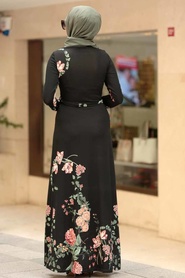 Çiçek Desenli Siyah Tesettür Elbise 10173S - Thumbnail