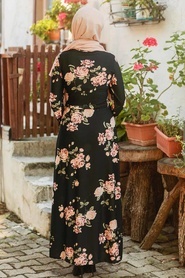 Çiçek Desenli Siyah Tesettür Elbise 10174S - Thumbnail