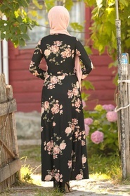 Çiçek Desenli Siyah Tesettür Elbise 15253S - Thumbnail