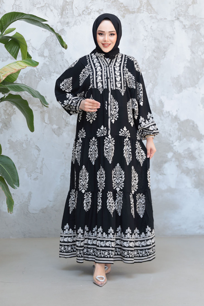 Çiçek Desenli Siyah Tesettür Elbise 18242S - 2