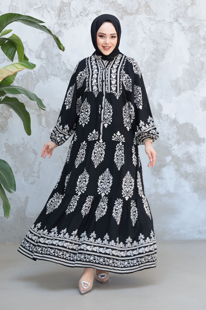 Çiçek Desenli Siyah Tesettür Elbise 18242S - 1