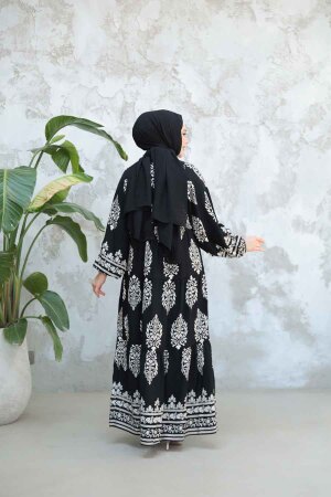 Çiçek Desenli Siyah Tesettür Elbise 18242S - 3