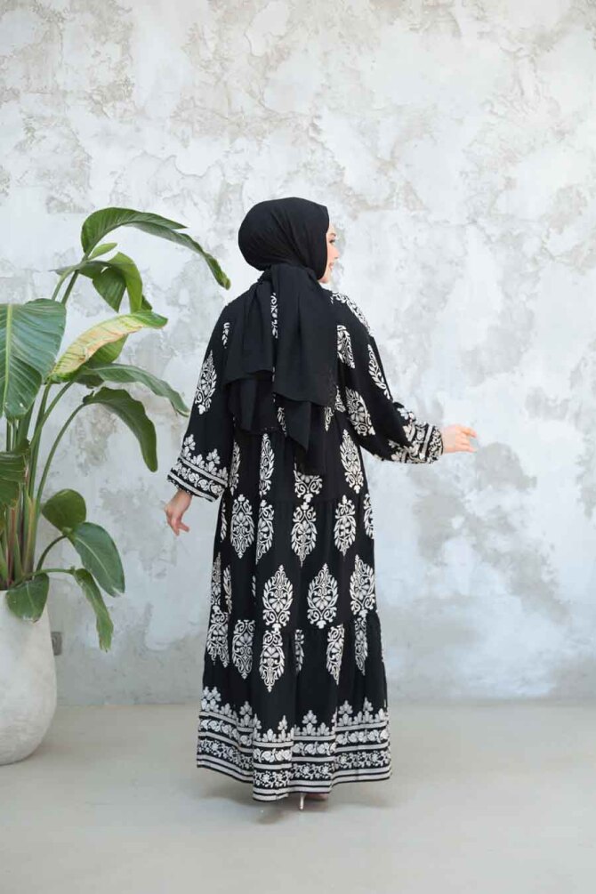 Çiçek Desenli Siyah Tesettür Elbise 18242S - 3