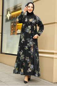 Çiçek Desenli Siyah Tesettür Elbise 22052S - Thumbnail