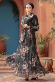 Çiçek Desenli Siyah Tesettür Elbise 22352S - Thumbnail