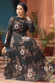 Çiçek Desenli Siyah Tesettür Elbise 22352S - Thumbnail