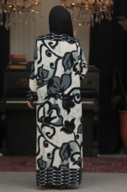 Çiçek Desenli Siyah Tesettür Elbise 23171S - Thumbnail