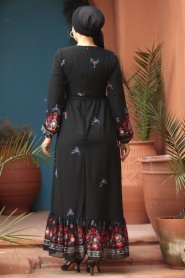 Çiçek Desenli Siyah Tesettür Elbise 23231S - Thumbnail