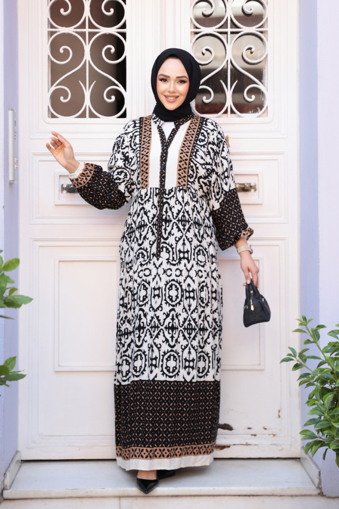 Çiçek Desenli Siyah Tesettür Elbise 24013S - 2