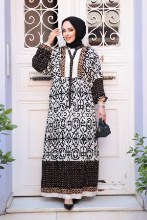Çiçek Desenli Siyah Tesettür Elbise 24013S - 1