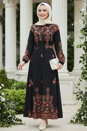 Çiçek Desenli Siyah Tesettür Elbise 24084S - 1
