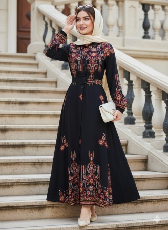 Çiçek Desenli Siyah Tesettür Elbise 24084S - N.S NEVA STYLE