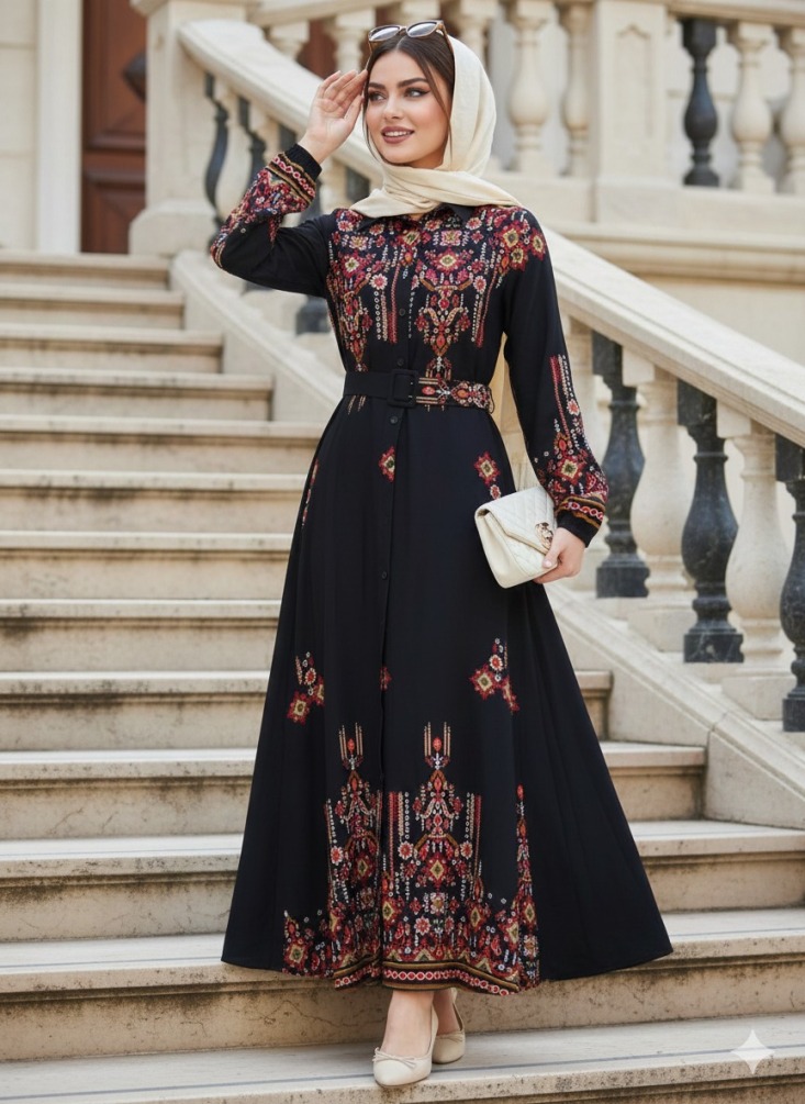 Çiçek Desenli Siyah Tesettür Elbise 24084S - 1