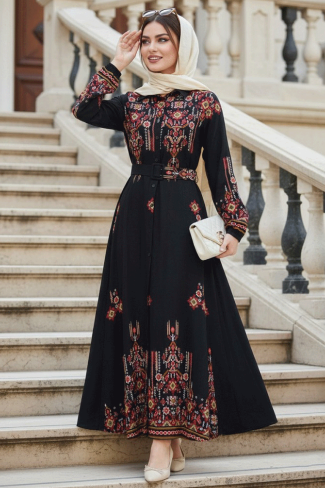 Çiçek Desenli Siyah Tesettür Elbise 24084S - 1