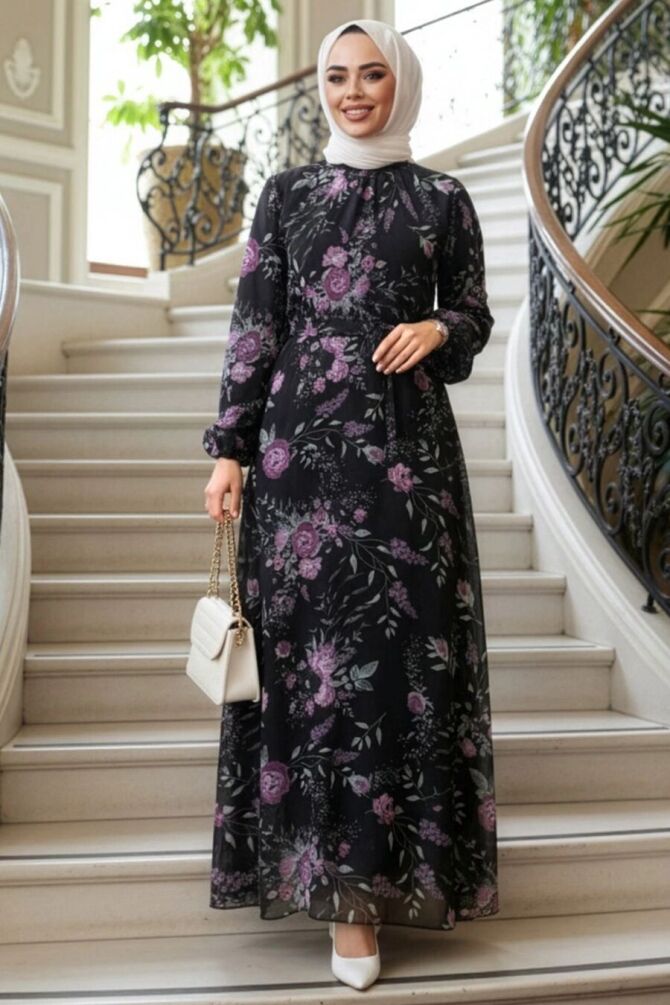 Çiçek Desenli Siyah Tesettür Elbise 27960S - 1