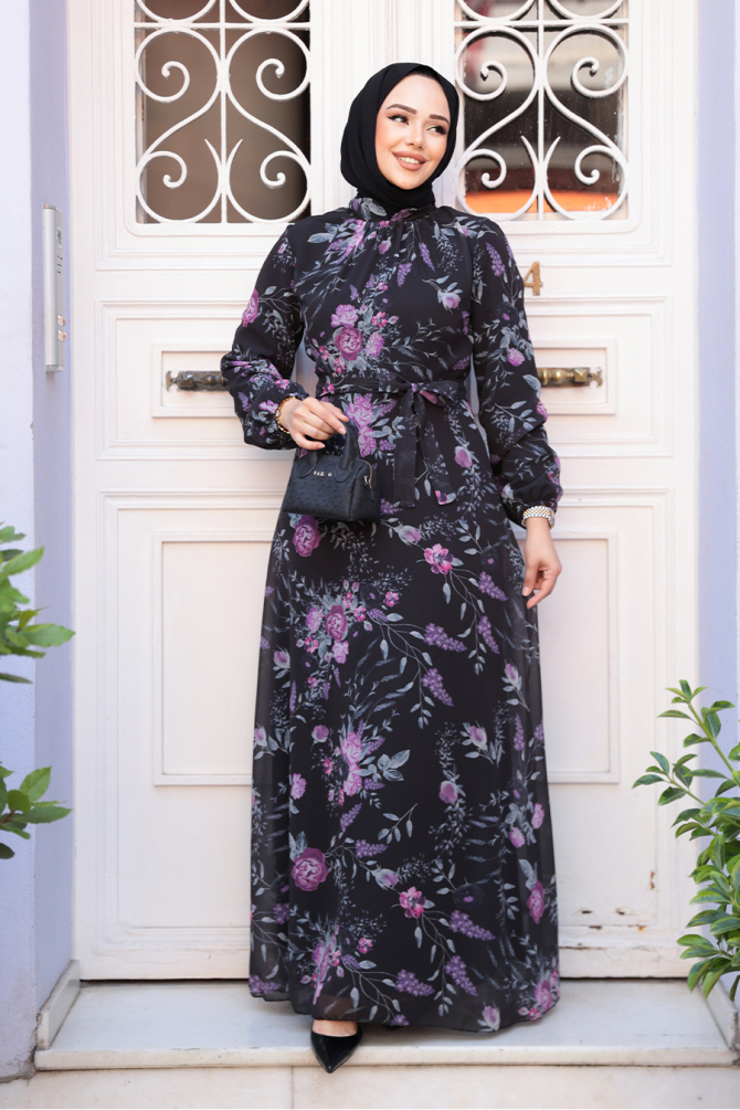 Çiçek Desenli Siyah Tesettür Elbise 27960S - 1