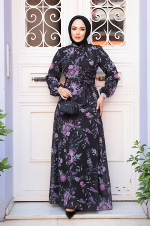 Çiçek Desenli Siyah Tesettür Elbise 27960S - 2