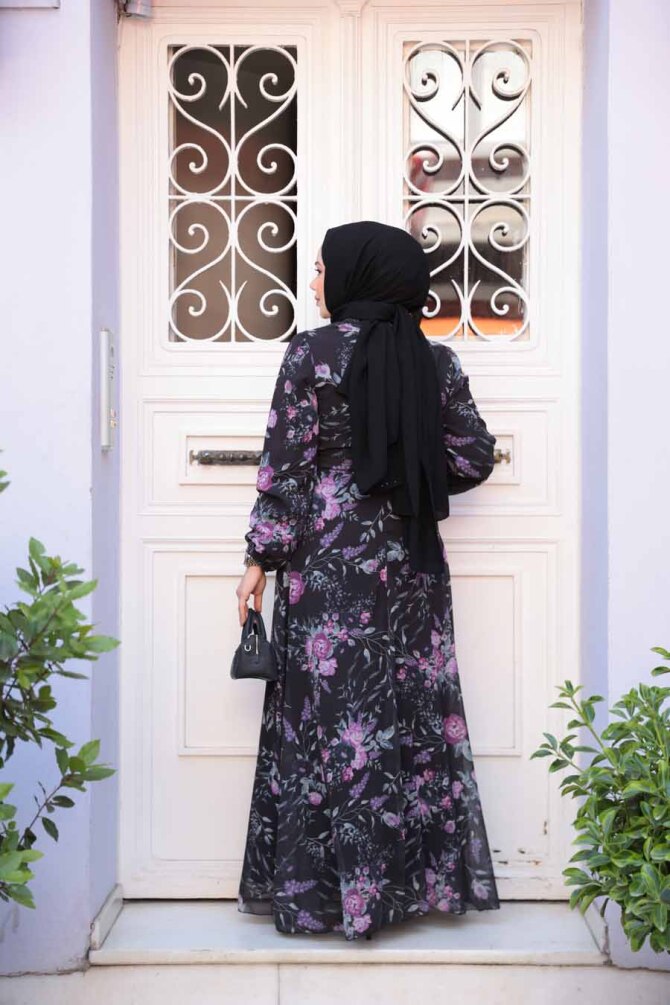 Çiçek Desenli Siyah Tesettür Elbise 27960S - 3
