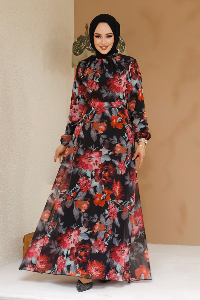 Çiçek Desenli Siyah Tesettür Elbise 27962S - 1