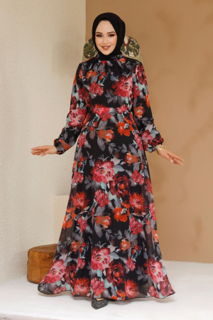 Çiçek Desenli Siyah Tesettür Elbise 27962S - 2