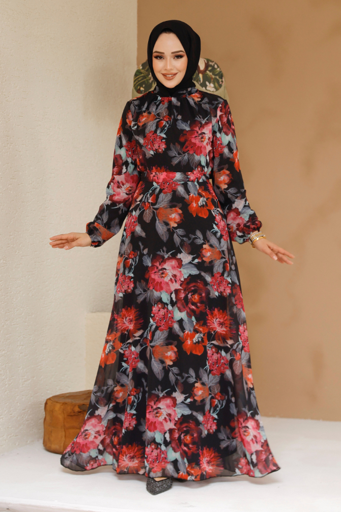 Çiçek Desenli Siyah Tesettür Elbise 27962S - 2