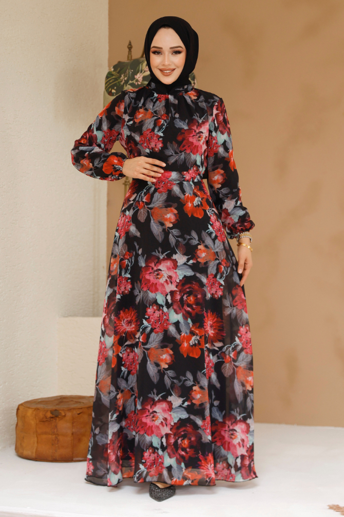 Çiçek Desenli Siyah Tesettür Elbise 27962S - 3