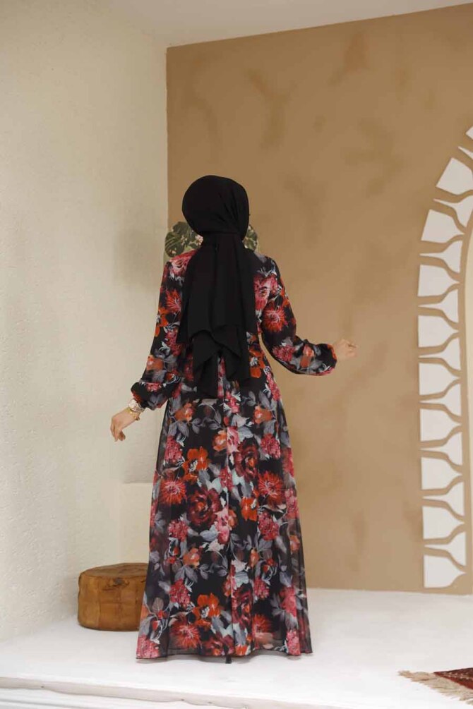 Çiçek Desenli Siyah Tesettür Elbise 27962S - 4