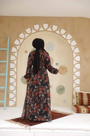 Çiçek Desenli Siyah Tesettür Elbise 27964S - 3