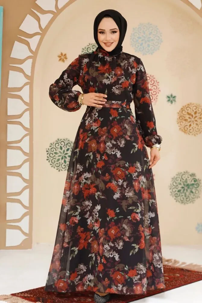 Çiçek Desenli Siyah Tesettür Elbise 27964S - 1