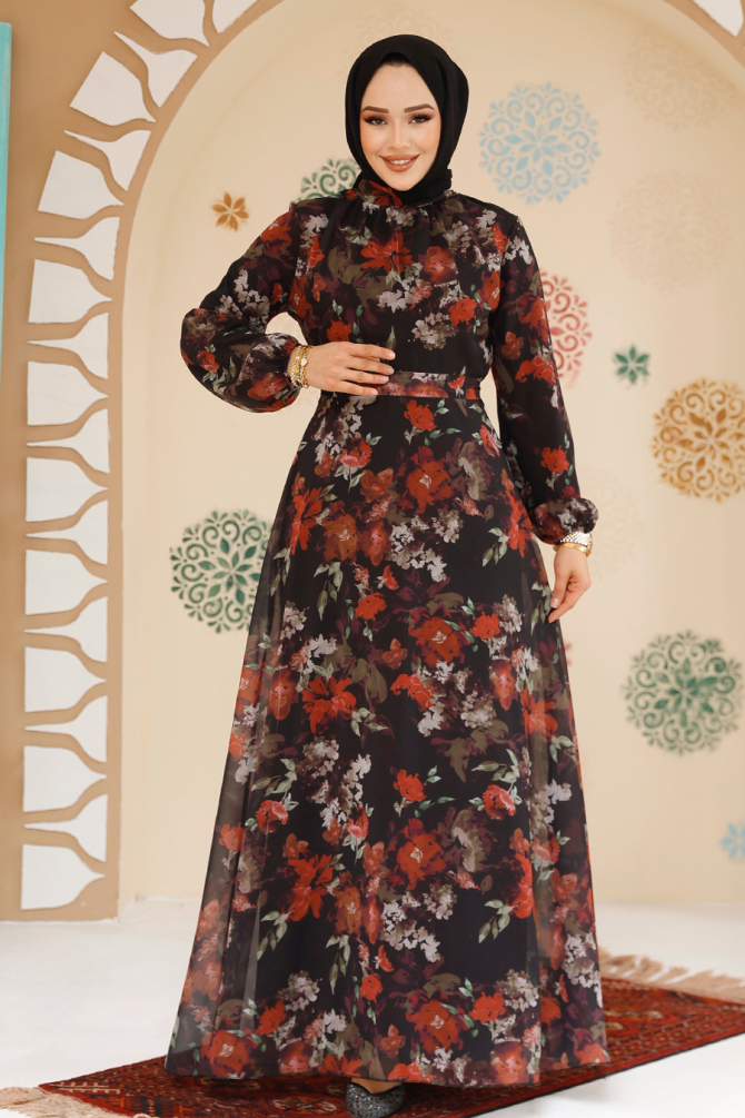 Çiçek Desenli Siyah Tesettür Elbise 27964S - 1