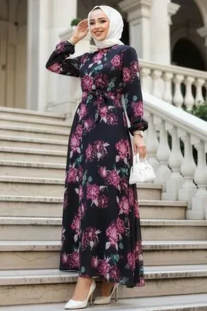 Çiçek Desenli Siyah Tesettür Elbise 27965S - 1