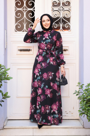Çiçek Desenli Siyah Tesettür Elbise 27965S - 1
