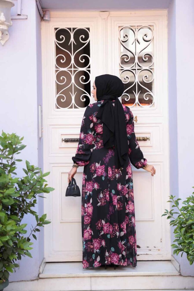 Çiçek Desenli Siyah Tesettür Elbise 27965S - 2